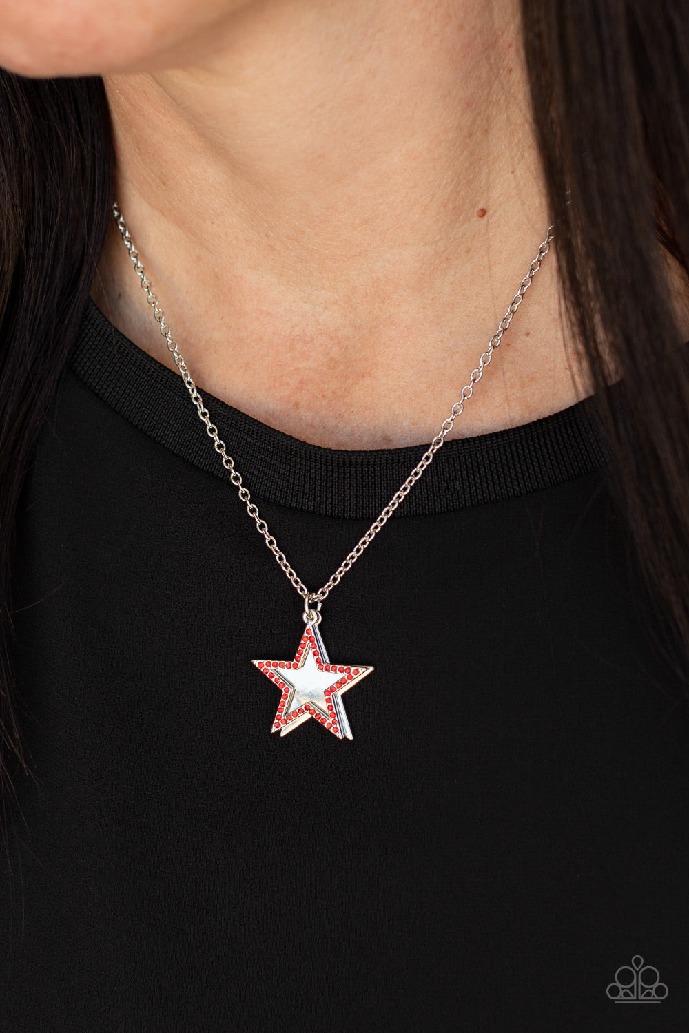 silver, silver jewelry, necklace, medium necklace, red, rhinestone, red jewelry, star, star jewelry, fourth of july jewelry, holiday jewelry, paparazzi accessories, everyday jewelry, affordable jewelry