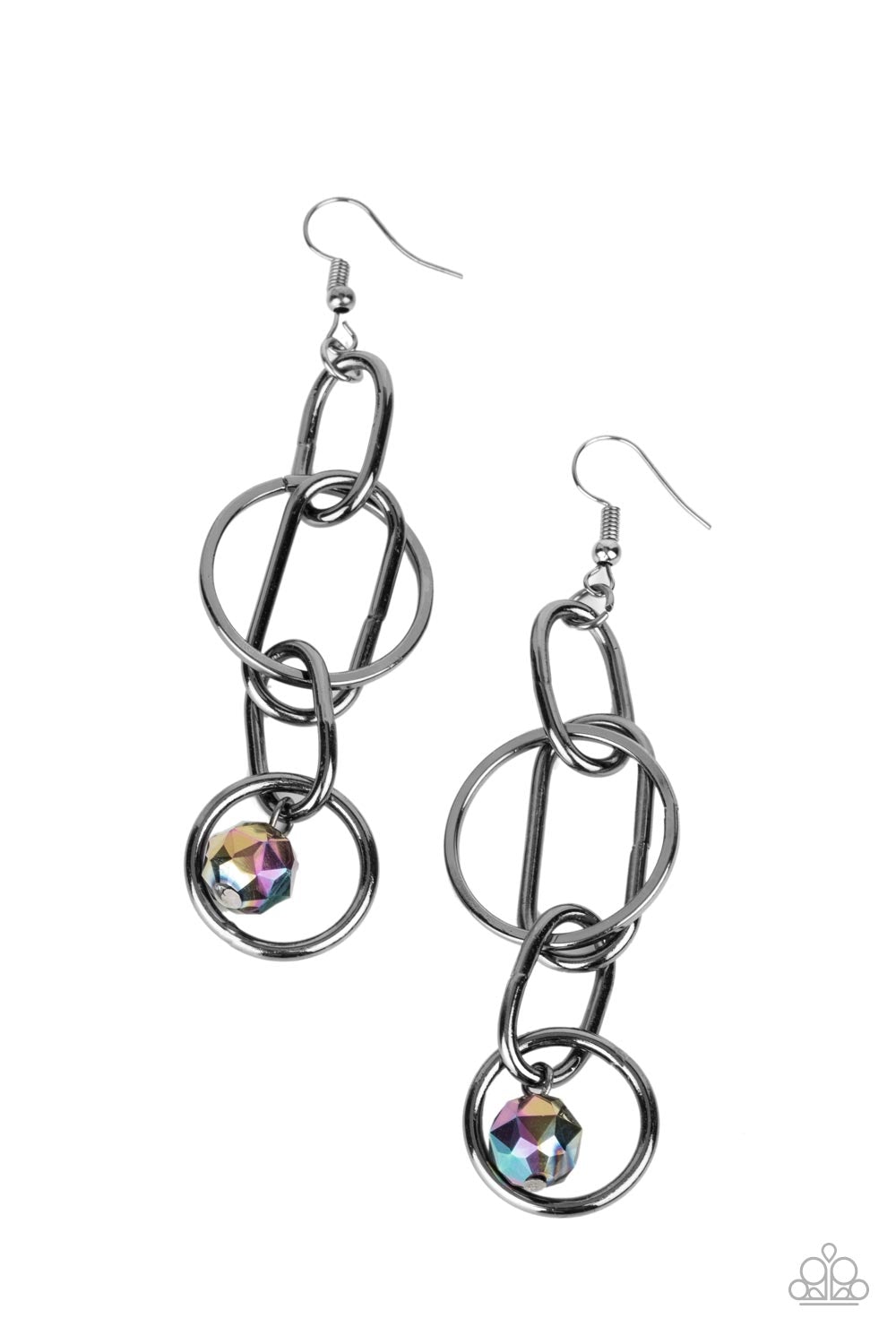 gunmetal earring with trendy affordable jewelry featuring an oil spill gem. 