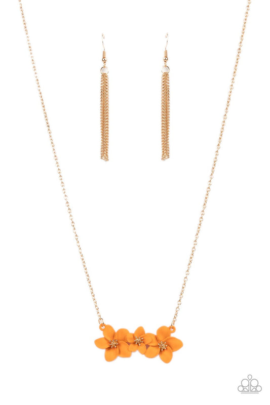 gold, flower, orange, medium necklace, necklace, 