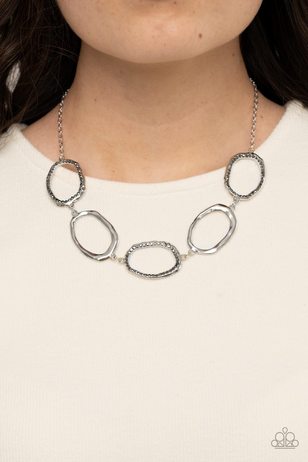 silver, silver jewelry, necklace, medium necklace, affordable jewelry, casual jewelry, paparazzi accessories, jewelry stores near me, jewelry stores, affordable holiday gift, hematite, rhinestone, prom jewelry, wedding jwelry, 