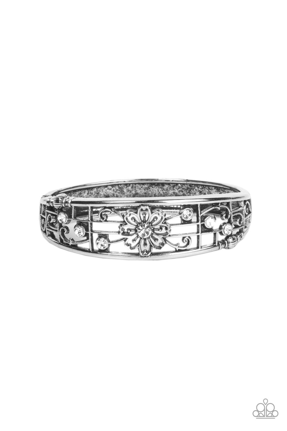 silver, bracelet, flower, silver jewelry, bracelet, hinged bracelet, paparazzi accessories, everyday jewelry, flower, 