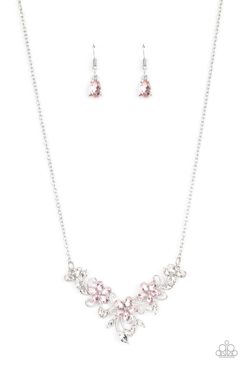 silver, silver jewelry, necklace, medium necklace,flower jewelry, affordable jewelry, affordable holiday gift, everyday jewelry, paparazzi accessories, pink, pink jewelry, jewelry stores, jewelry stores near me, 