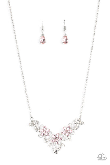 silver, silver jewelry, necklace, medium necklace,flower jewelry, affordable jewelry, affordable holiday gift, everyday jewelry, paparazzi accessories, pink, pink jewelry, jewelry stores, jewelry stores near me, 