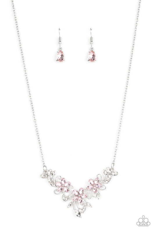 silver, silver jewelry, necklace, medium necklace,flower jewelry, affordable jewelry, affordable holiday gift, everyday jewelry, paparazzi accessories, pink, pink jewelry, jewelry stores, jewelry stores near me, 