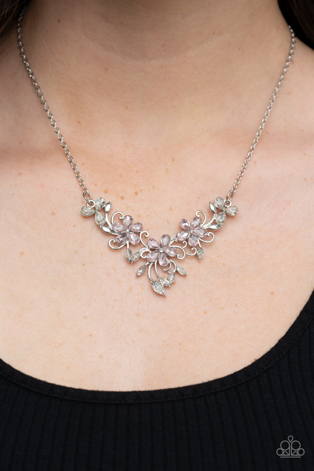silver, silver jewelry, necklace, medium necklace,flower jewelry, affordable jewelry, affordable holiday gift, everyday jewelry, paparazzi accessories, pink, pink jewelry, jewelry stores, jewelry stores near me, 