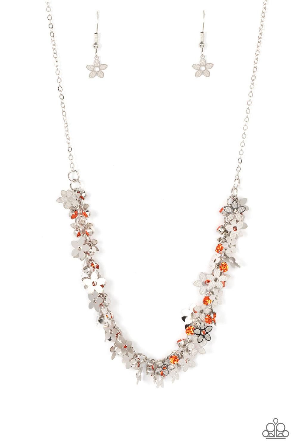 silver, silver necklace, medium necklace, orange, orange rhinestone, flower jewelry, affordable jewelry, affordable holiday gift, everyday jewelry, paparazzi accessories, jewelry stores, jewelry stores near me, 