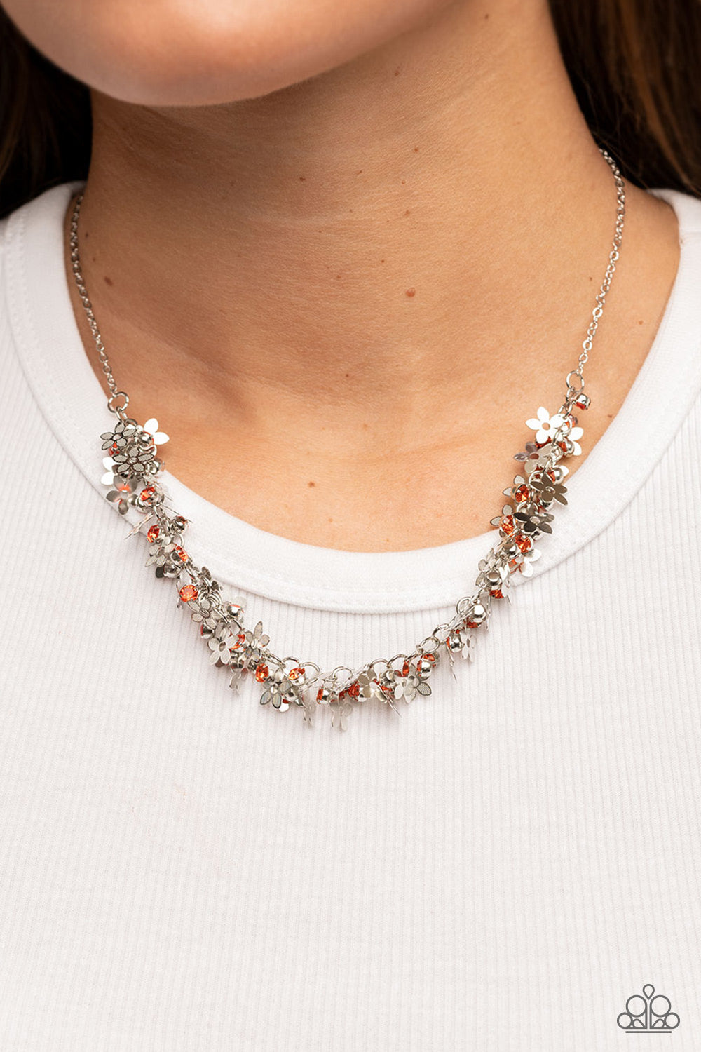 silver, silver necklace, medium necklace, orange, orange rhinestone, flower jewelry, affordable jewelry, affordable holiday gift, everyday jewelry, paparazzi accessories, jewelry stores, jewelry stores near me, 