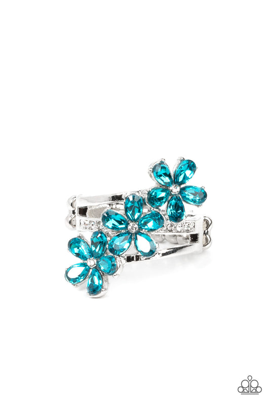 silver, silver jewelry, ring, adjustable ring, affordable jewelry, affordable holiday gift, blue, blue jewelry, flower, flower jewelry, paparazzi accessories, jewelry stores, jewelry stores near me, rhinestone jewelry,