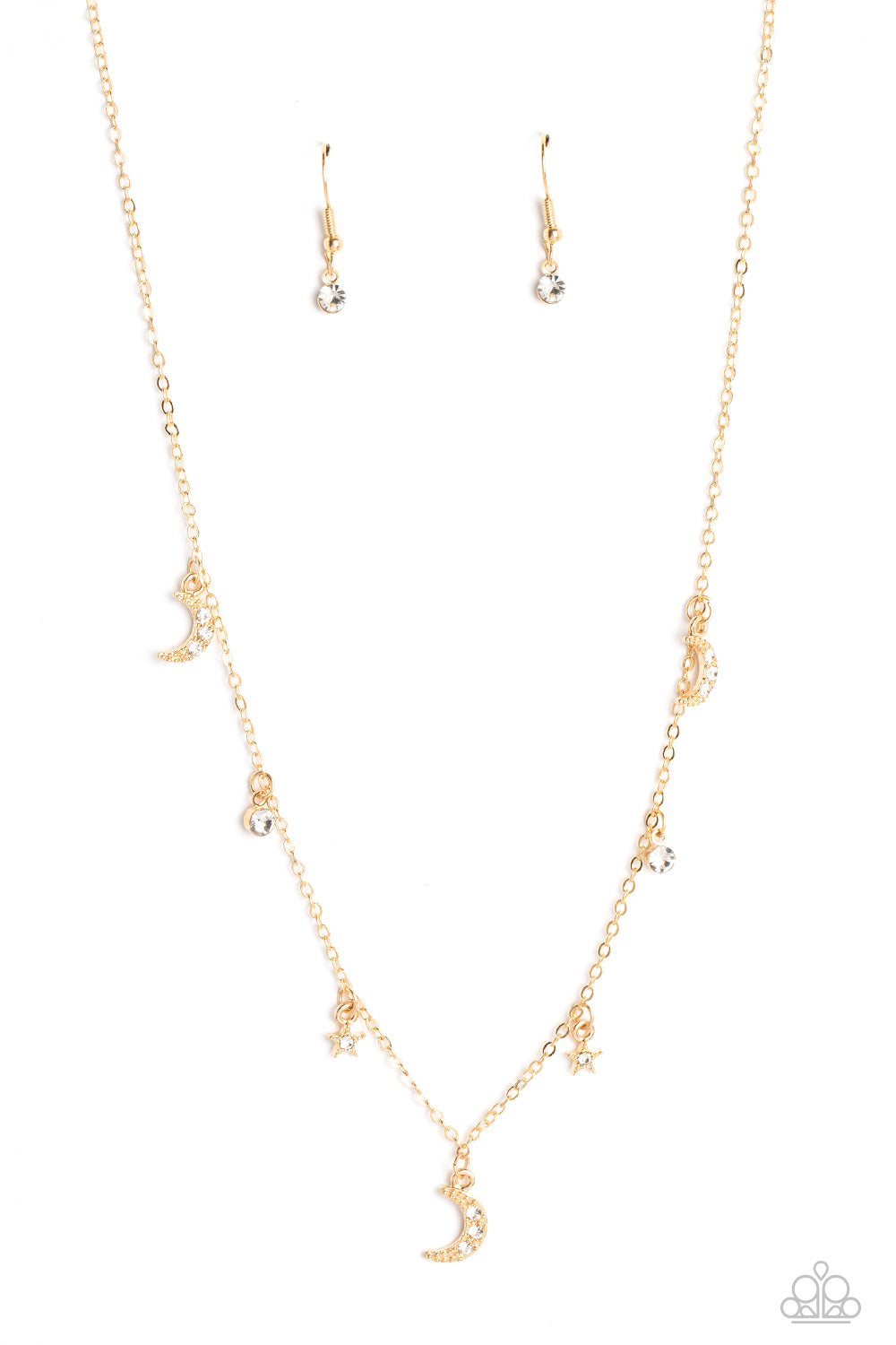 gold, necklace, medium necklace, moon, white, white jewelry, rhinestone, moon jewelry, affordable jewelry, affordable holiday gift, everyday jewelry, boho jewlery, gold jewelry, star jewlery, trending jewelry, viral jewelry, paparazzi accessories, jewelry stores, jewelry stores near me,