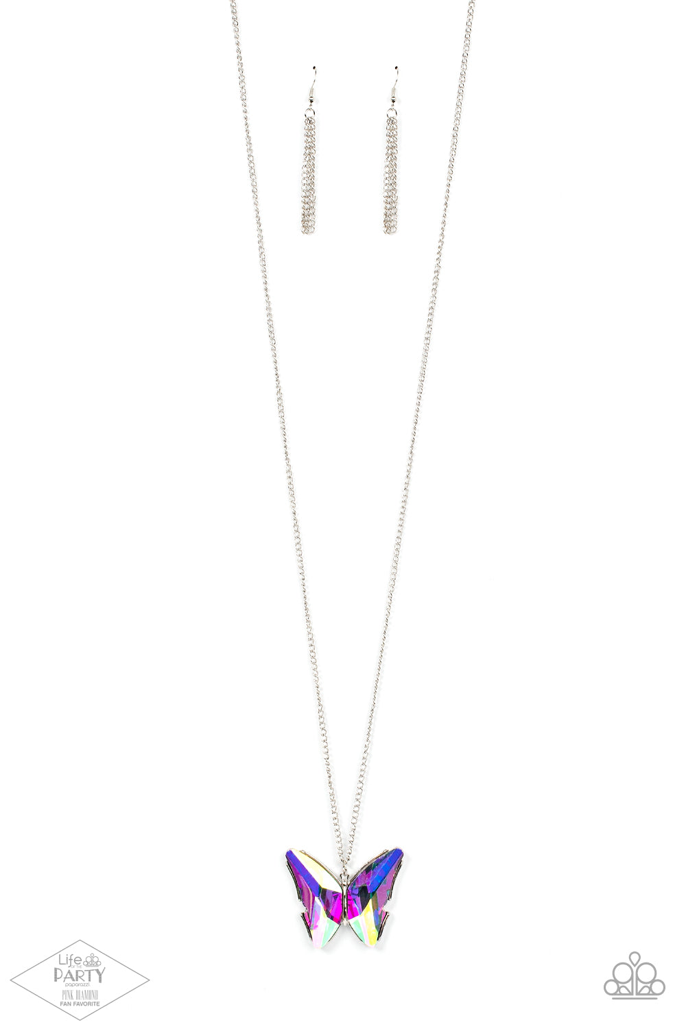 silver, silver jewelry, iridescent jewelry, butterfly jewelry, paparazzi accessories, pink diamon exclusive, life of the party piece, affordable holiday gift, long necklace, necklace, butterfly jewelry, butterfly, rhinestone, pendant necklace, jewelry stores, jewelry stores near me, 