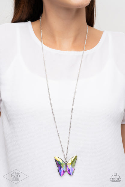 silver, silver jewelry, iridescent jewelry, butterfly jewelry, paparazzi accessories, pink diamon exclusive, life of the party piece, affordable holiday gift, long necklace, necklace, butterfly jewelry, butterfly, rhinestone, pendant necklace, jewelry stores, jewelry stores near me, 