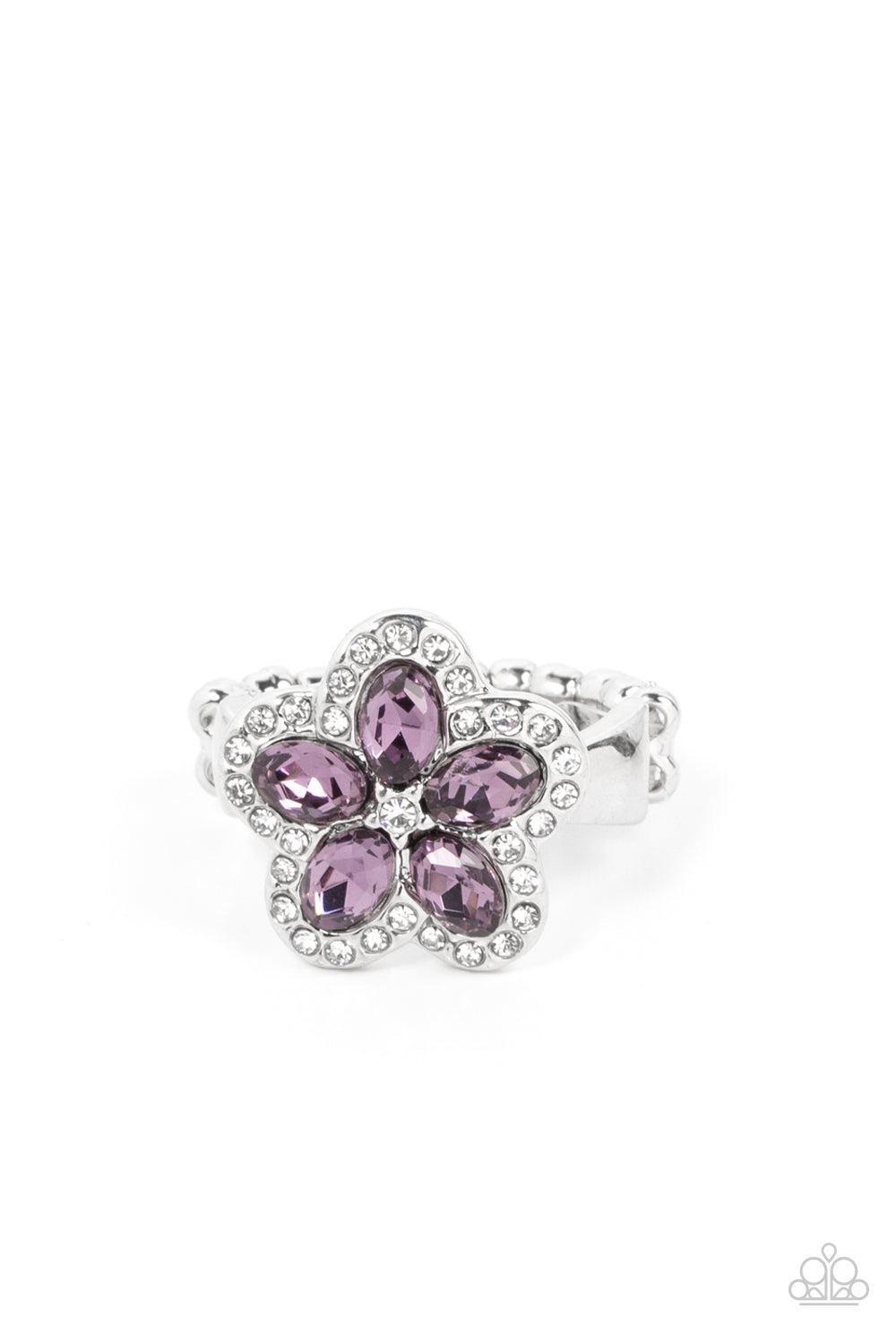 silver, silver jewelry, purple, rhinestone,ring, skinny back, adjustable ring, dainty ring, affordable jewelry, paparazzi accessories, flower, flower jewelry, everyday jewelry, jewelry stores, jewelry stores near me, 