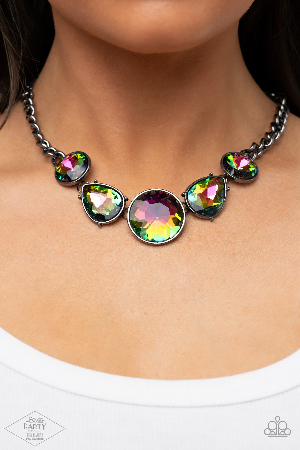 gunmetal, gunmetal jewelry, oil spill, rhinestone, oil spill jewelry, affordable jewelry, affordable holiday gift, everyday jewelry, paparazzi accessories, pink diamond exclusive, life of the party exclusive, lop, jewelry stores, jewelry stores near me, 