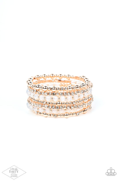 rose gold, rose gold jewelry, affordable jewelry, paparazzi accessories, affordable holiday gift, everyday jewelry, white, rhinestone, coil, coil bracelet, life of the party exclusive, pink diamond exclusive, 