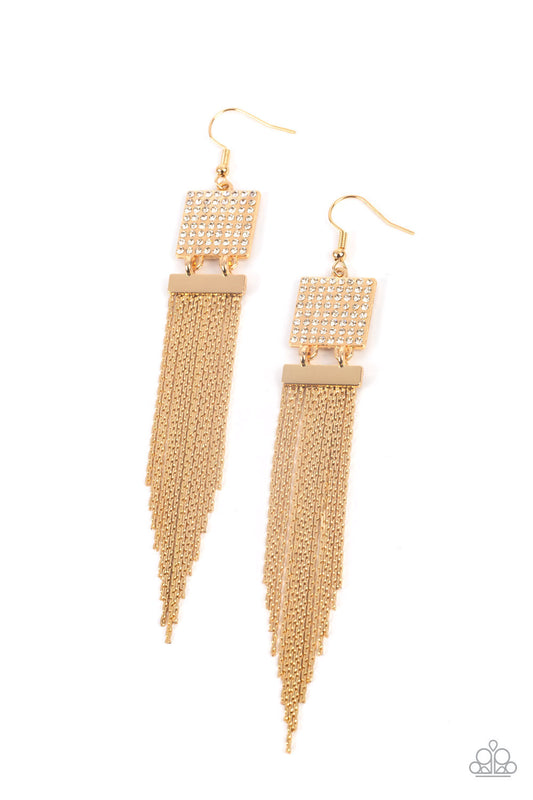 gold, gold jewelry, earring, white, rhinestone, white rhinestone, statement earring, life of the party exclusive, paparazzi accessories, 