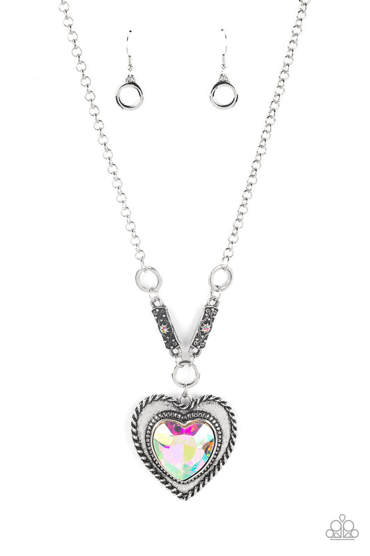 silver, silver jewelry, iridescent, iridescent jewelry, rhinestone, necklace, medium necklace, long necklace, life of the party exclusive, paparazzi accessories, everyday accessories, 