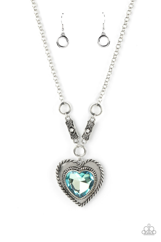 silver, silver jewelry, necklace, medium necklace, heart, heart jewelry, blue, blue rhinestone, affordable jewelry, affordable holiday gift, everyday jewelry, paparazzi accessories, jewelry stores, jewelry stores near me, 