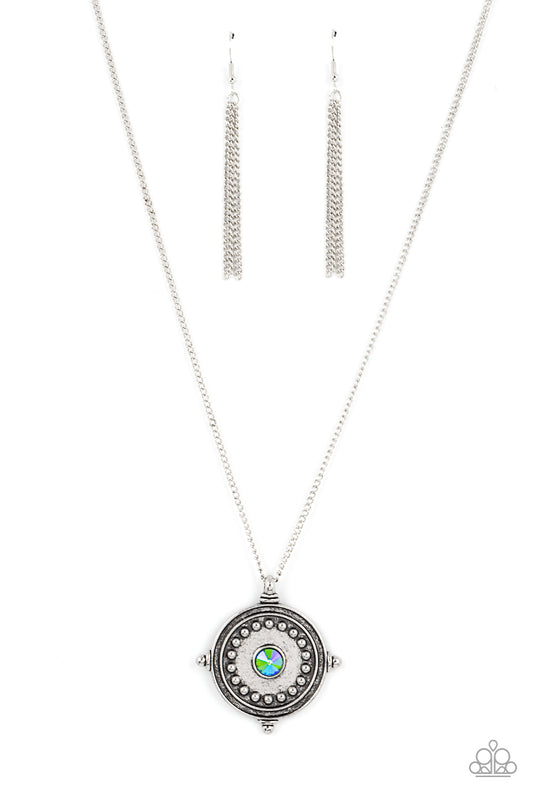 silver, silver jewelry, oil spill, necklace, long necklace, pendant necklace, trending jewelry, affordable jewelry, paparazzi accessories, everyday necklace, green, green jewelry, 