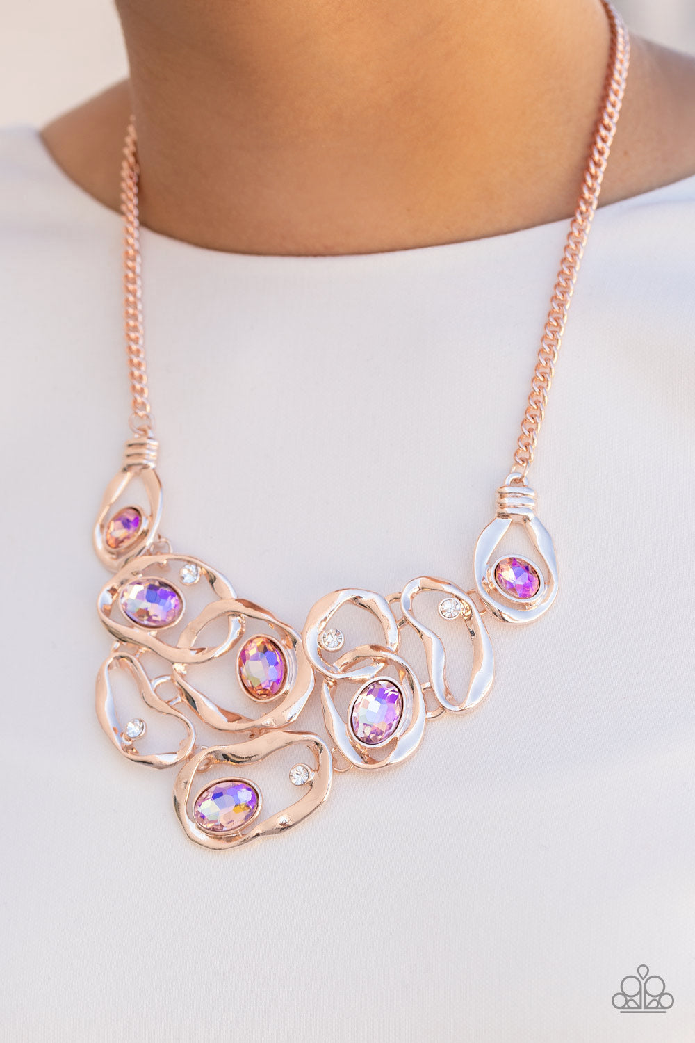 rose gold, rose gold jewelry, necklace, medium necklace, statement necklace, iridescent, rhinestone, affordable jewelry, affordable holiday gift, everyday jewelry, paparazzi accessories, jewelry stores, jewelry stores near me, life of the party, exclusive piece, 