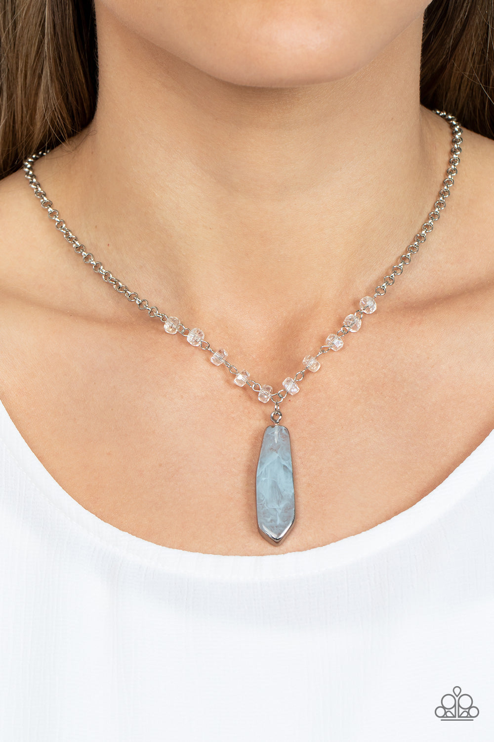 silver, silver jewelry, necklace, medium necklace, affordable jewelry, affordable holiday gift, everyday jewelry, paparazzi accessories, jewelry stores, jewelry stores near me, blue, blue jewelry, 