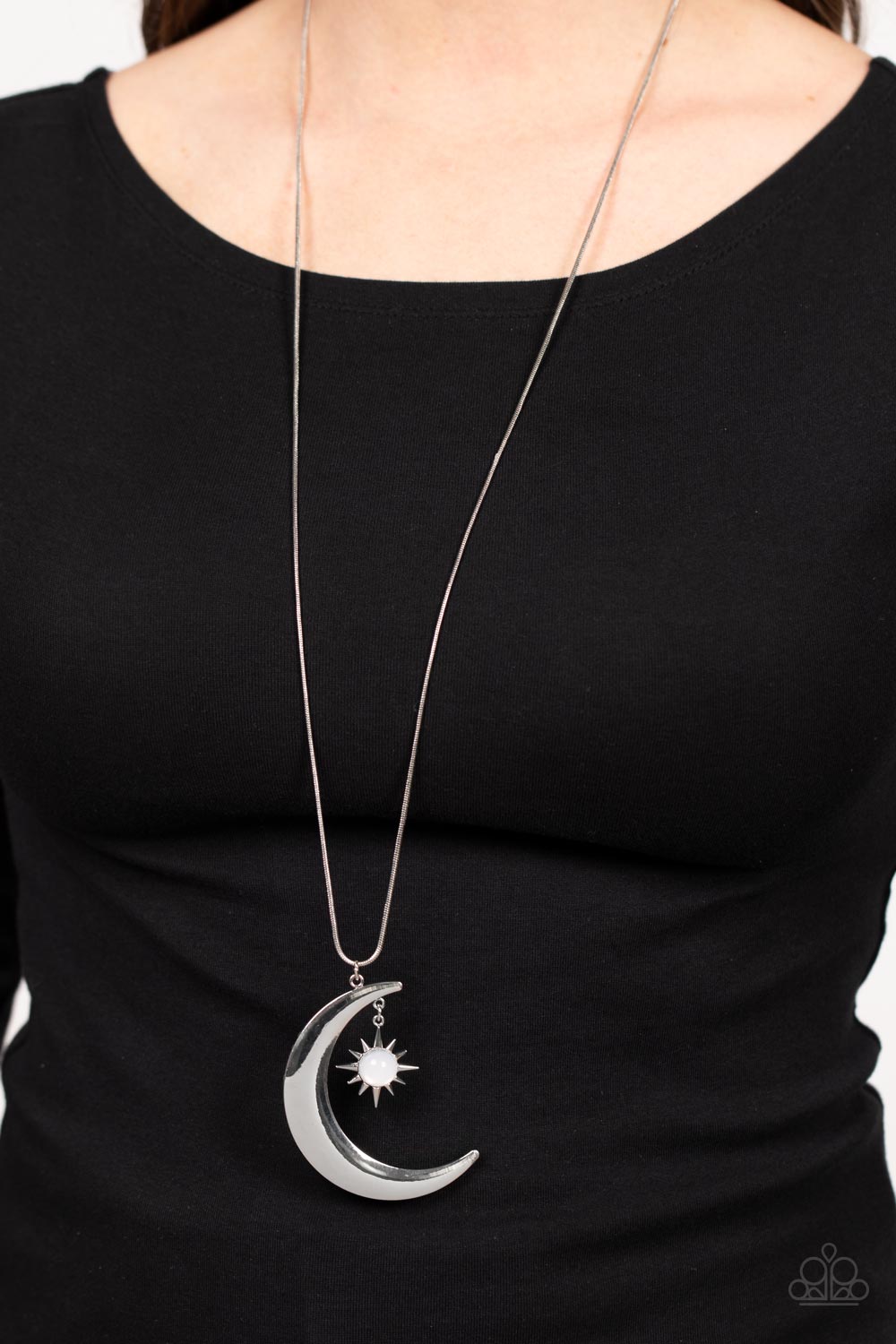 silver, silver jewelry, necklace, long necklace, moon jewelry, moon, affordable jewelry, affordable holiday gift, paparazzi accessories, jewelry stores, summer jewelry, white rhinestone, opalescent, jewelry stores near me, 