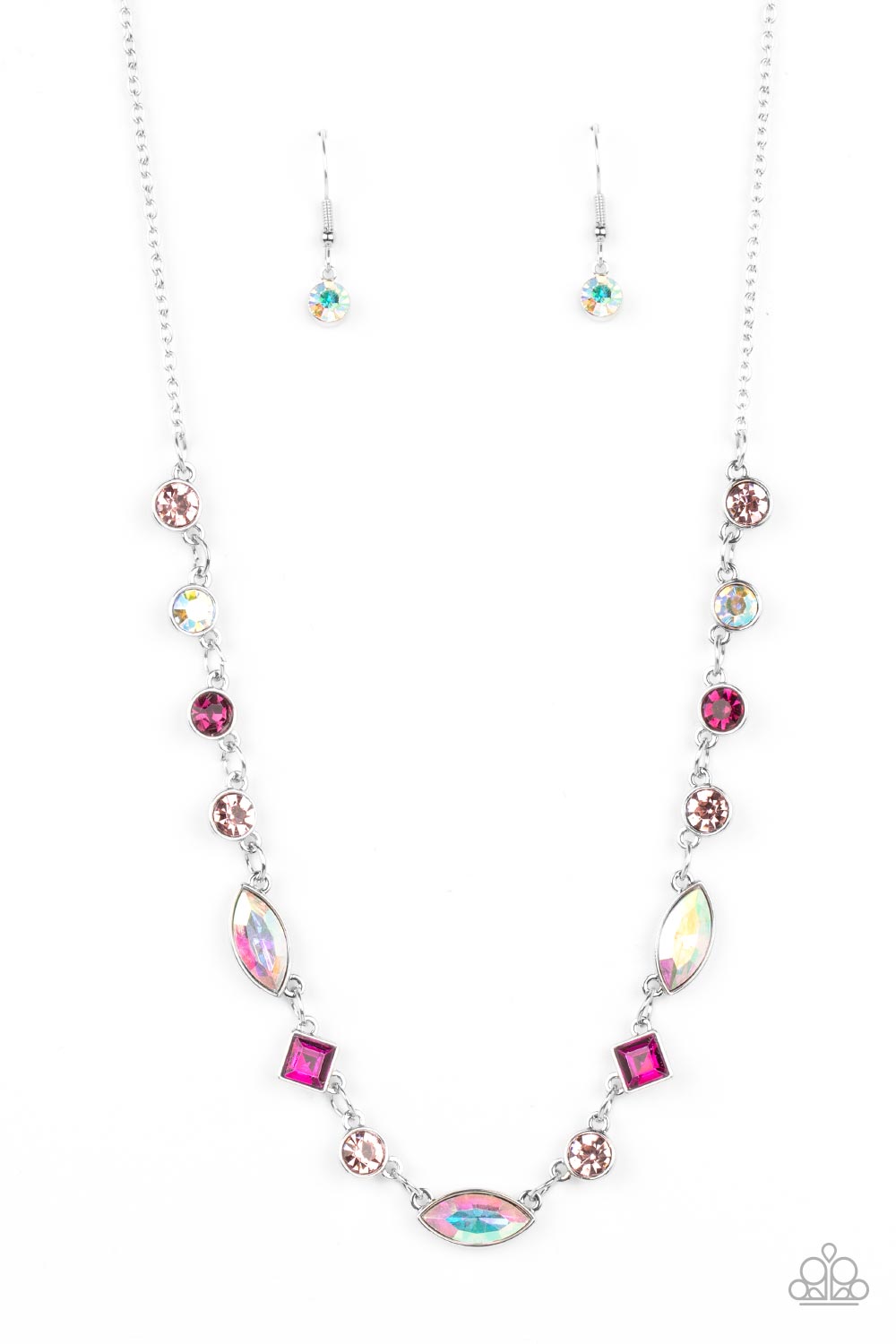 silver, silver jewelry, necklace, medium necklace, pink, pink jewelry, rhinestone, iridescent, white, affordable jewelry, affordable holiday jewelry, viral jewelry, trending jewelry, paparazzi accessories, jewelry stores, jewelry stores near me, wedding jewelry, prom jewelry, 