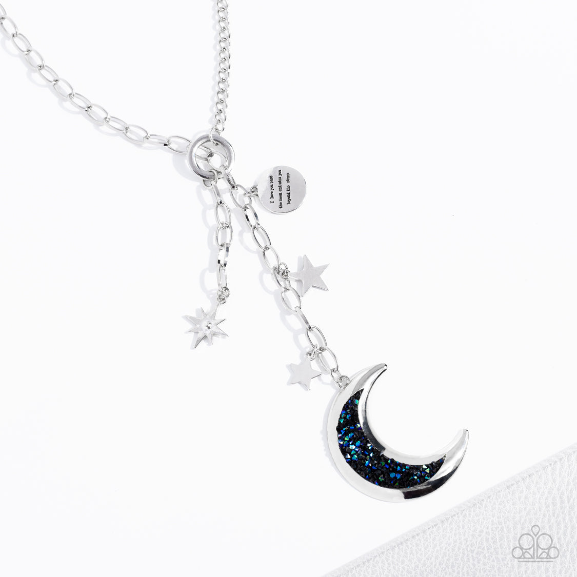 necklace, long necklace, affordable jewelry, pendant, moon, silver, iridescent, oil spill, star jewelry, paparazzi accessories, empire diamond, life of the party, affordable holiday gift, everyday jewelry, trending jewelry, viral jewelry, jewelry stores, jewlery stores near me, 